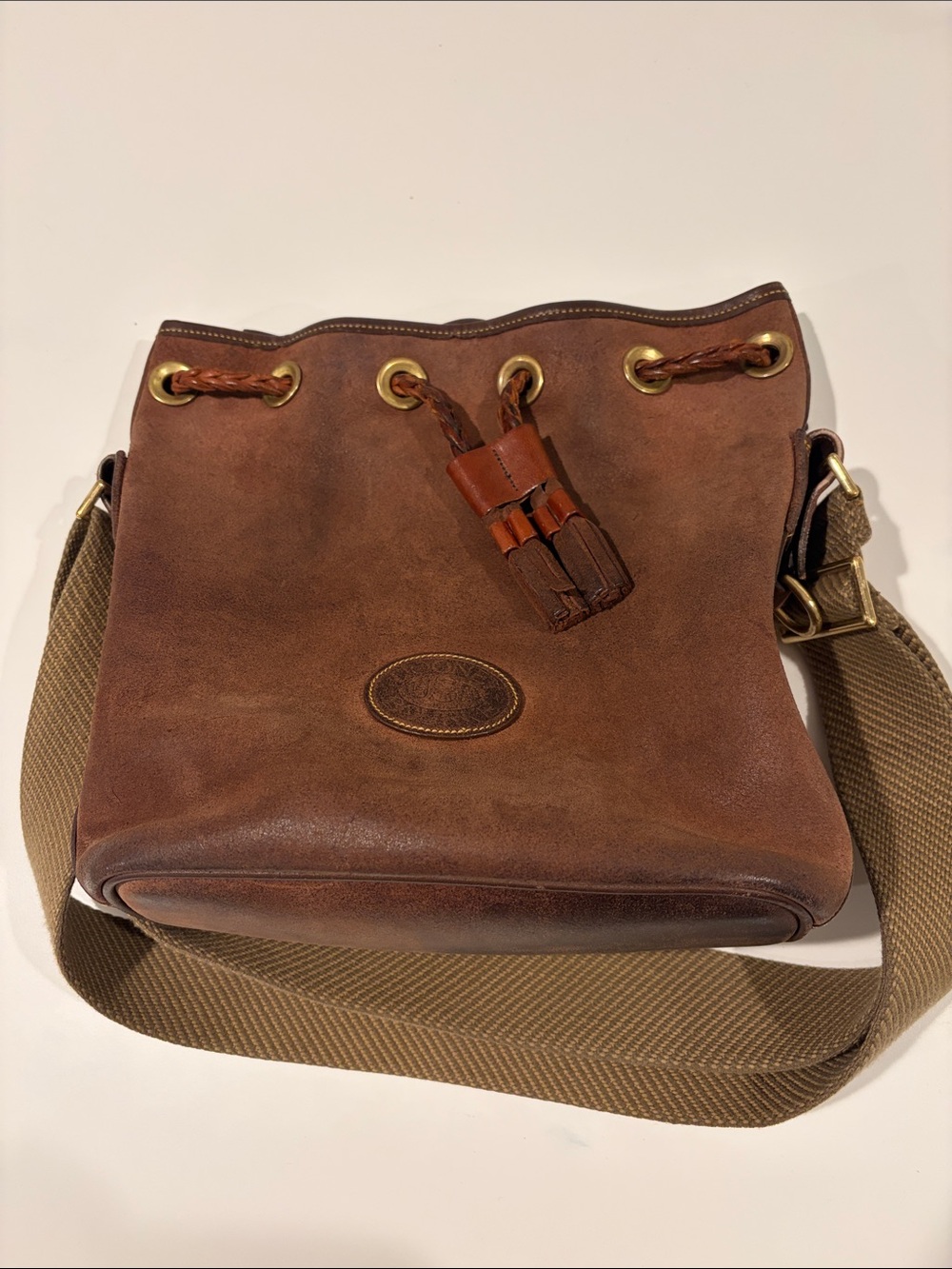 Vintage Dooney & Bourke Suede Drawstring Bucket Bag Brown Made in USA Crossbody